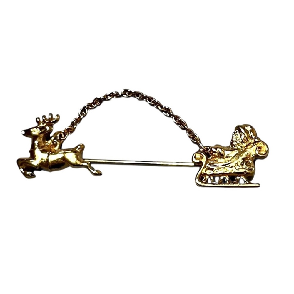 Vintage Avon Gold Tone Reindeer and Santa Sleigh Brooch